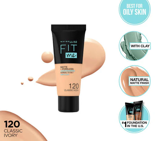 Maybelline New York Fit Me Matte & Poreless Liquid Foundation 18ml – Shade 120 Classic Ivory | For Normal to Oily Skin