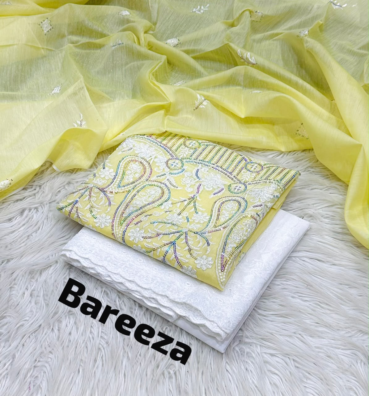 BAREEZA 3-Piece Embroidered Paper Cotton Collection – Shirt, Dupatta & Trouser